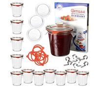 MamboCat Weck Lot de 12 bocaux avec Couvercle Anneau de Conservation et Pinces Original Weck 290 ML Pots pour gâteaux Gelées Pots pour confitures avec livret de Recettes