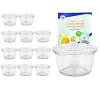 MamboCat Weck Lot de 12 bocaux en verre 370 ml 1/4 l avec 12 couvercles en verre avec livret de recettes de Diamantzucker I Original Weck I Bocaux de conservation avec couvercle pour gâteaux gelées