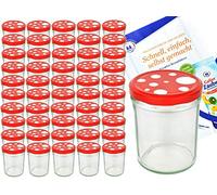 MamboChat Lot de 50 bocaux de conservation en verre 435 ml avec couvercle rouge à pois blancs, aspect champignon et livre de recette pour confitures [langue allemande]