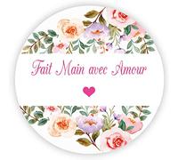 MameArt 100 Pièces 4cm Autocollants Fait Main avec Amour, Stickers Étiquettes Handmade Dragées Mariage Paquet Cadeau Ans Baptême Fête (Fleurs B)