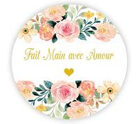 MameArt 100 Pièces 4cm Autocollants Fait Main avec Amour, Stickers Étiquettes Handmade Dragées Mariage Paquet Cadeau Ans Baptême Fête (Fleurs A)
