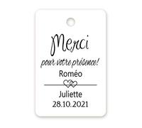 MameArt 50 Carte Kraft Étiquette Blanche Personnalisée Mariage Prénom, Merci pour votre présence, 4cm X 6cm Étiquette pour Mariage Communion Baptême Cadeaux Fête (Coeur F), T1FR0101
