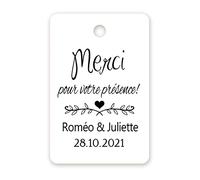 MameArt 50 Carte Kraft Étiquette Blanche Personnalisée Mariage Prénom, Merci pour votre présence, 4cmx6cm Étiquette pour Mariage Communion Baptême Cadeaux Fête (Coeur D) T1FR0101