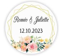 MameArt 50 PCS Étiquettes Mariage Personnalisés Prénom, 4cm Autocollants pour Mariage Anniversaire Ans Baptême Cadeaux Fête (Flores 12), (1AL0101A)