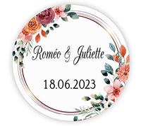 MameArt 50 PCS Étiquettes Mariage Personnalisés Prénom, 4cm Autocollants pour Mariage Anniversaire Ans Baptême Cadeaux Fête (Flores 01)