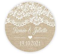 MameArt 50 STICKERS Autocollants Mariage Personnalisée, Dentelle Lin avec Prénom Amour, 4cm Étiquettes pour Mariage Paquet Cadeau Fête (Coeur 1)