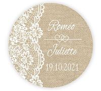 MameArt 50 STICKERS Autocollants Mariage Personnalisée, Dentelle Lin avec Prénom Amour, 4cm Étiquettes pour Mariage Paquet Cadeau Fête (Coeur 4)