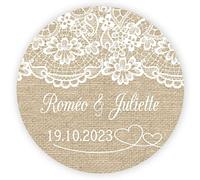 MameArt 50 STICKERS Autocollants Mariage Personnalisée, Dentelle Lin avec Prénom Amour, 4cm Étiquettes pour Mariage Paquet Cadeau Fête (Coeur 3)