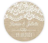 MameArt 50 STICKERS Autocollants Mariage Personnalisée, Dentelle Lin avec Prénom Amour, 4cm Étiquettes pour Mariage Paquet Cadeau Fête (Coeur 2)