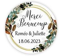 MameArt 50 STICKERS Autocollants Personnalisable Mariage Merci, 4cm Étiquettes Dragées Mariage Communion Ans Baptême Cadeaux Fête (Fleurs D)