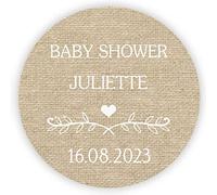 MameArt 50 STICKERS Autocollants Personnalisée Baby shower, Prénom et Date, 4cm Étiquettes Autocollants pour BABY SHOWER Ans Baptême Cadeaux Fête (Lin)