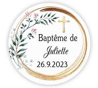 MameArt 50 STICKERS Autocollants Personnalisée Baptême Communion, Prénom et Date, 4cm Étiquettes Autocollants pour Mariage Anniversaire Ans Baptême Cadeaux Fête (Fleurs 6), (1FR1003A)