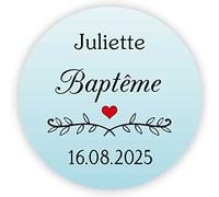 MameArt 50 STICKERS Autocollants Personnalisée Baptême Communion, Prénom et Date, 4cm Étiquettes Autocollants pour Mariage Anniversaire Ans Baptême Cadeaux Fête (Bleu) 1FR1001A
