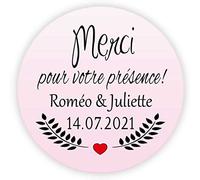 MameArt 50 STICKERS Autocollants Personnalisée Mariage, Merci pour votre présence, Prénom et Date, 4cm Étiquettes Autocollants pour Mariage Anniversaire Ans Baptême Cadeaux Fête (Rose)