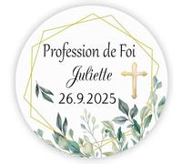 MameArt 50 STICKERS Autocollants Personnalisée Profession de Foi, Croix Fleurs Prénom et Date, 4cm Étiquettes Autocollants pour Profession de Foi Cadeaux Fête (Croix 2)