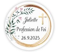MameArt 50 STICKERS Autocollants Personnalisée Profession de Foi, Croix Fleurs Prénom et Date, 4cm Étiquettes Autocollants pour Profession de Foi Cadeaux Fête (Croix 5)