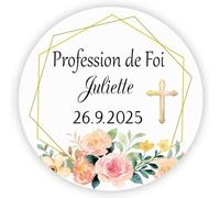 MameArt 50 STICKERS Autocollants Personnalisée Profession de Foi, Croix Fleurs Prénom et Date, 4cm Étiquettes Autocollants pour Profession de Foi Cadeaux Fête (Croix 4)