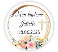 MameArt 50 STICKERS Mon Baptême Autocollants Personnalisée, Prénom et Date, 4cm Étiquettes Autocollants pour Baptême Invitation Cadeaux Fête (Fleurs 6)