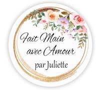 MameArt 50pcs 4cm Autocollants Personnalisées, Fait Main avec Amour Fleurs, Handmade Stickers Étiquettes Dragées Mariage Ans Baptême Paquet Cadeau Fête (Fleurs H)