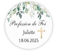 MameArt 50PCS Autocollants Étiquettes Personnalisée Profession de Foi, Croix Fleurs Prénom Date, 4cm Autocollants pour Profession de Foi Cadeaux Fête (Croix A)