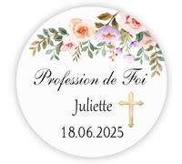 MameArt 50PCS Autocollants Étiquettes Personnalisée Profession de Foi, Croix Fleurs Prénom Date, 4cm Autocollants pour Profession de Foi Cadeaux Fête (Croix B)