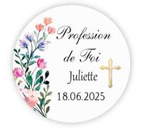 MameArt 50PCS Autocollants Étiquettes Personnalisée Profession de Foi, Croix Fleurs Prénom Date, 4cm Autocollants pour Profession de Foi Cadeaux Fête (Croix D)