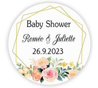 MameArt 50PCS Autocollants Personnalisée Baby Shower, Fleurs avec Prénom et Date, 4cm Étiquettes Autocollants pour BABY SHOWER Ans Baptême Cadeaux Fête (Fleur 2)