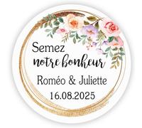 MameArt 50pcs Autocollants Personnalisées Mariage, Semez notre bonheur avec Noms Fleurs, 4cm Étiquettes Dragées Mariage Anniversaire Cadeaux Fête (Fleurs 8)