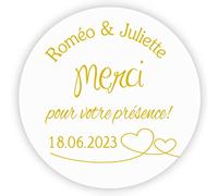 MameArt 50pcs Autocollants Personnalisés Mariage, Étiquettes Merci pour votre présence Coeur, 4cm Stickers Dragées Mariage Baptême Cadeaux Fête (FR05)