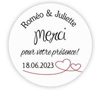 MameArt 50pcs Autocollants Personnalisés Mariage, Étiquettes Merci pour votre présence Coeur, 4cm Stickers Dragées Mariage Baptême Cadeaux Fête (FR02), (1FR0201B)