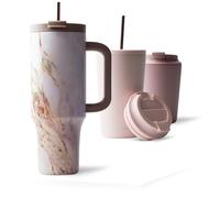 MAMEIDO Mug Isotherme avec Paille & anse 1200 ml, Thermo Café étanche en acier inox, Tasse Isotherme sans BPA, Mug Isotherme Cafe (Pearl Marble)