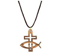 MaMeMi Belle chaîne avec pendentif en bois d'olivier véritable avec croix et poisson [env. 4 x 4 cm] de Bethléem, de la Terre Sainte (fabriqué à la main