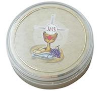 MaMeMi Boîte à couronne de roses et à hôtes avec calice et symbole IHS - Diamètre : 6,5 cm - Boîte pratique pour communion - Boîte de rangement pour chapelet ou auberges - Emballage cadeau