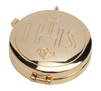 MaMeMi Boîte à Hosties Dorée Ø 5,5 cm - Custode Liturgique en Laiton Vergoldet avec Gravure IHS - Accessoire Eucharistique pour Messe, Liturgie & Maison de Prière - Fait Main en Inde