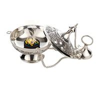 MaMeMi Coffret Cadeau Encens Vatican - Brûleur en Laiton Argenté 10 cm + Charbon & Encens - Fait Main Inde