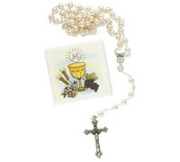 MaMeMi Couronne de roses pour communion avec perles et croix - Environ 47 cm - Fabriquée en Italie - Dans une boîte de rangement avec motif calice (IHS) - Cadeau de communion pour filles et garçons