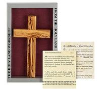 MaMeMi Croix murale en bois d'olivier - Environ 16 x 9 cm - Fabriquée à la main - Avec support mural - Dans une boîte cadeau avec certificat - Cadeau chrétien de qualité