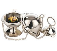 MaMeMi Ensemble Encens - Baril de Jérusalem en Laiton Argenté 6x10 cm avec Chaîne 25 cm - Inclus Encens & Charbon - Fait Main en Inde