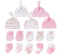 MAMIMAKA Bonnets, moufles et chaussettes épaisses en coton pour nouveau-né accessoires essentiels (chapeaux+gants+chaussettes éponge), 0-6 mois, Hpgmsk-21 Rose/Blanc, 0-6 Months