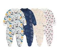 MAMIMAKA Grenouillère unisexe en coton avec fermeture éclair bidirectionnelle, avec pieds, pour le sommeil et le jeu, lot de 3, 0 à 24 mois, Lot de 4 pieds, 0-3 mois