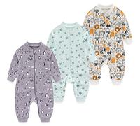 MAMIMAKA Grenouillère unisexe en coton avec fermeture éclair bidirectionnelle, avec pieds, pour le sommeil et le jeu, lot de 3, 0 à 24 mois, 2 pingouins sans pied/étoile de mer/animal, 3-6 mois