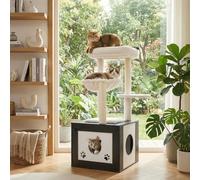MAMIZO Arbre à chat 2 en 1 avec armoire à litière - Nid en peluche amovible - Hauteur : 119 cm - Coussin en peluche lavable - Meubles pour chat - Bois - Troncs en sisal - Hamac pour chat - Gris