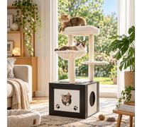 MAMIZO Arbre à chat avec armoire à litière pour chat, arbre à chat 2 en 1, nid en peluche amovible, hauteur 119 cm, coussin en peluche lavable, meuble pour chat, arbre à chat en bois, troncs en sisal