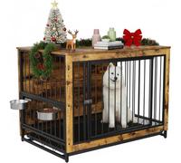MAMIZO Cage pour Chiens, 93x64x58 CM, Table d’Appoint, Meuble Cage Chien avec Porte coulissante, Niche pour Chien Interieur avec 2 Gamelles, Maison Chien en Bois, Cage Chiens XXL, Bois