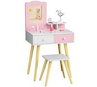 MAMIZO Coiffeuse Enfant avec Miroir et Tabouret, 2 en 1 Coiffeuse pour Fille avec Rangement, Bureau pour Enfants, Table de Maquillage en Bois Rnfant, pour 3+ Ans, 60 x 40 x 108 cm, Rose