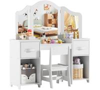 MAMIZO Coiffeuse pour Enfants 2 en 1, Coiffeuse en Bois avec Miroir et Tabouret, Ensemble de Bureau Enfant Fille, avec 2PCS Boîte de Rangement, 108x30x114 cm, Bureau pour Enfants, Blanc