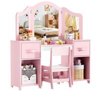 MAMIZO Coiffeuse pour Enfants 2 en 1, Coiffeuses en Bois avec Miroir et Tabouret, Ensemble de Bureau Enfant, Coiffeuse pour Fille, avec 2PCS Boîte de Rangement, 108x30x114 cm, Rose - Blanc