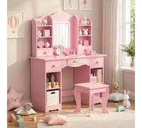 MAMIZO Coiffeuse pour Enfants avec Miroir LED, Coiffeuse pour Fille avec Tabouret, Table de Maquillage Fille avec 5 Tiroirs et 10 Compartiments de Rangement, 95x34x118cm, Bureau pour Enfant (Rose)