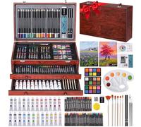 MAMIZO Kit de peinture de qualité supérieure - 202 pièces - Mallette de peinture avec crayons de cire, crayons de couleur, pastels à l'huile et peintures acryliques, chevalet et boîte en bois, kit de