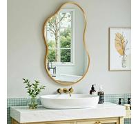 MAMIZO Miroir asymétrique, 50 x 91 cm, miroir mural de forme irrégulière, verre trempé, cadre en aluminium, miroirs décoratifs, miroir de maquillage unique, miroir de salle de bain, doré